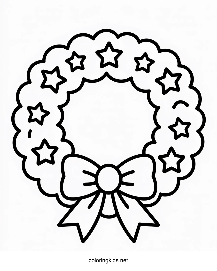 Christmas wreath with bow and stars coloring pages f…