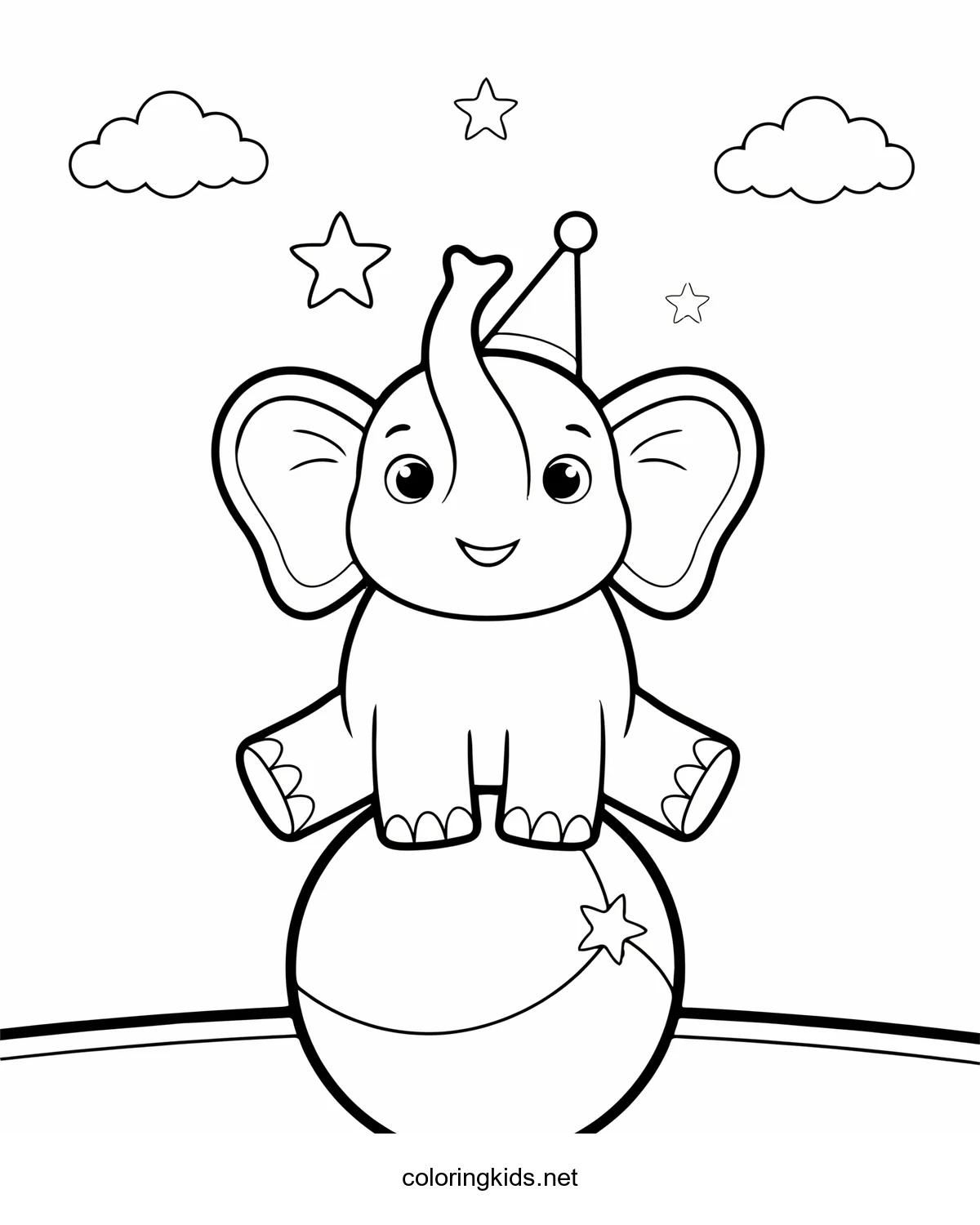 Circus Elephant Balancing on a Ball coloring pages for kids, printable free