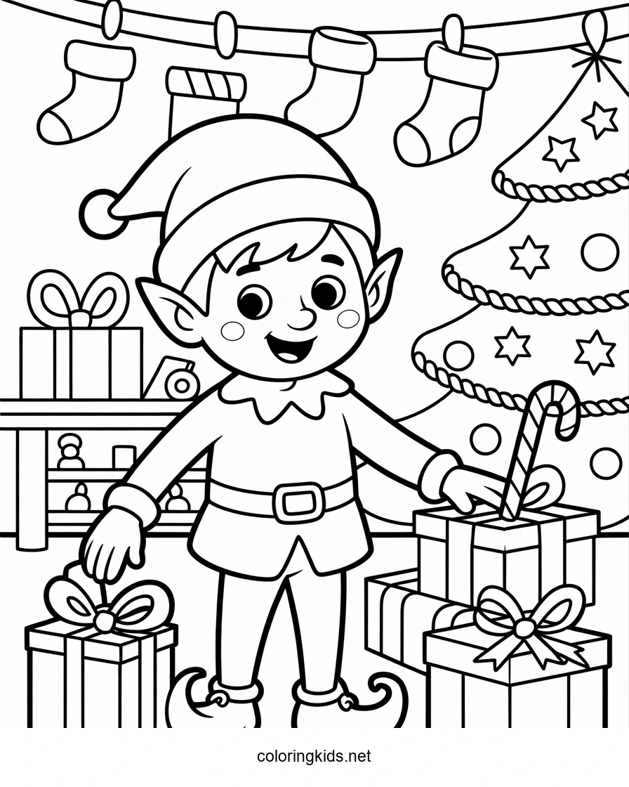 Funny christmas elf coloring pages for kids, printab…