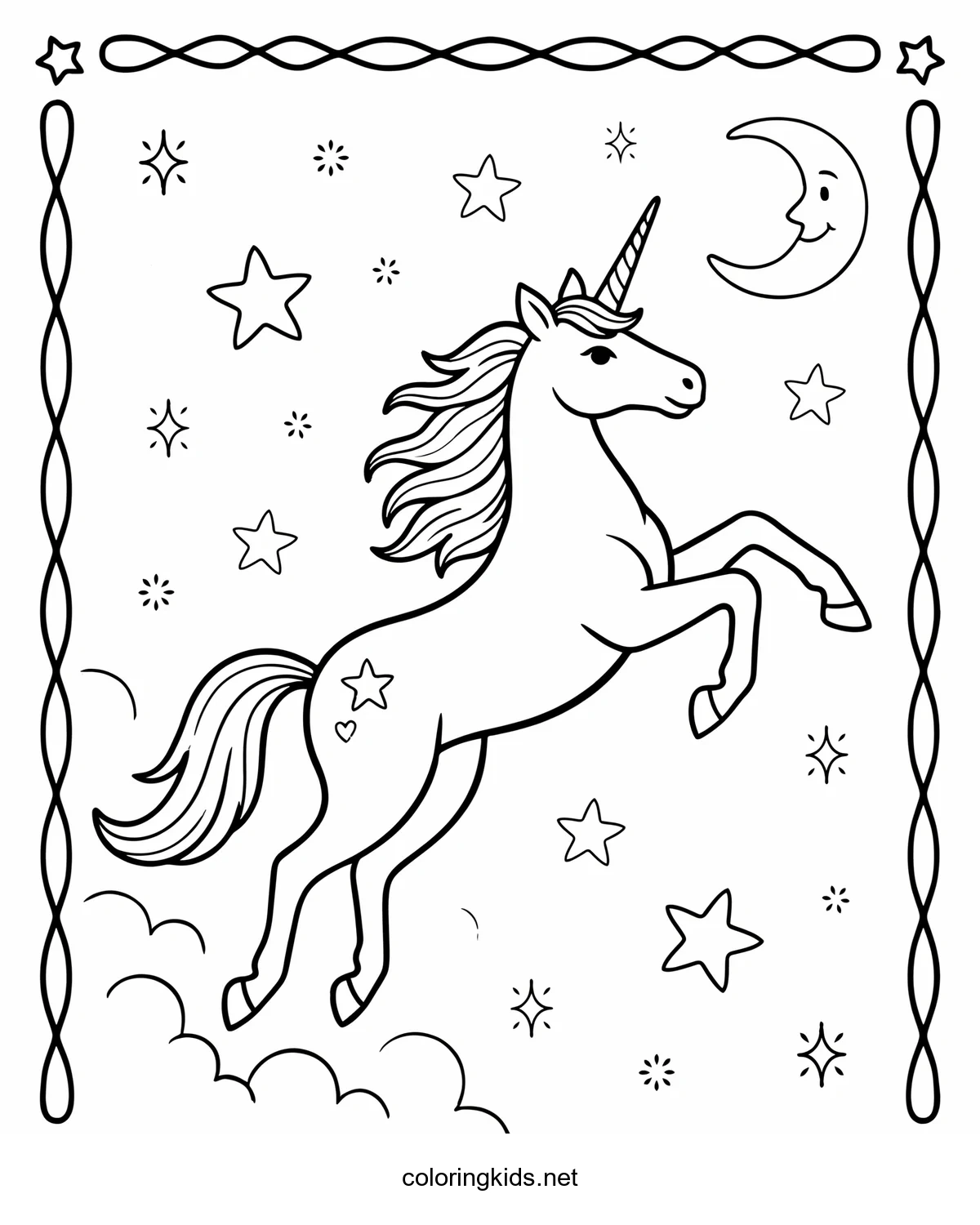 Leaping Unicorn coloring pages for kids, printable free