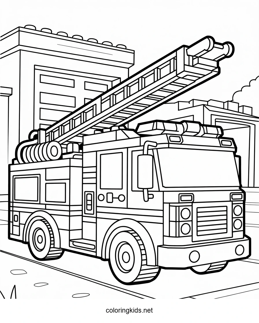 Lego fire engine coloring page for kids, printable f…