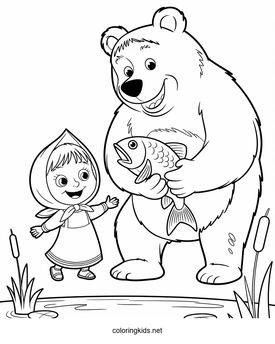 Masha and Bear fish coloring pages for kids printabl…