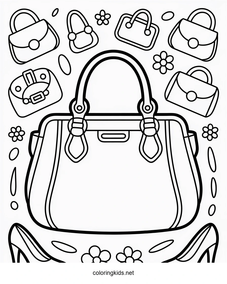 Pretty fashion bag coloring page for girls, printabl…
