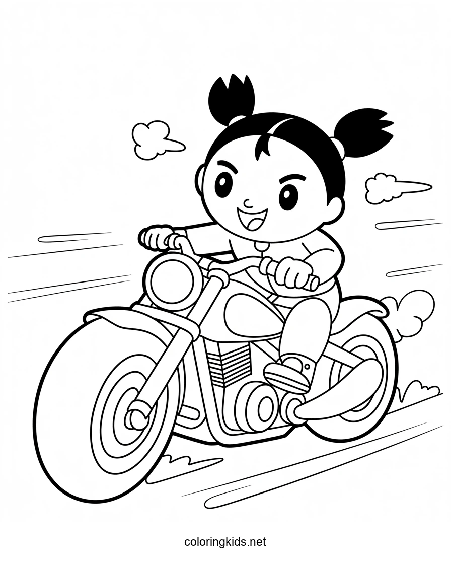 Pucca on a motorcycle coloring pages for kids, print…