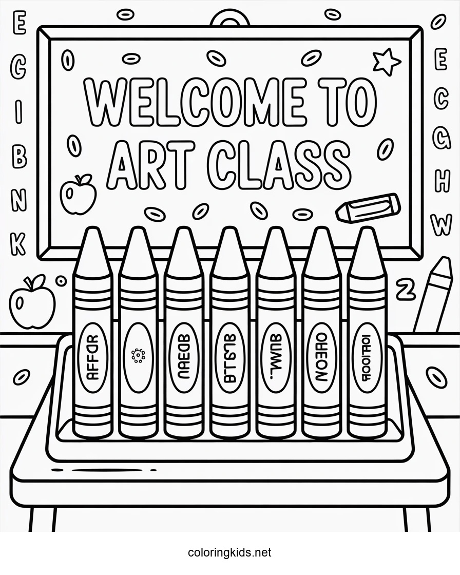 School coloring page 7 crayons, classes coloring pag…