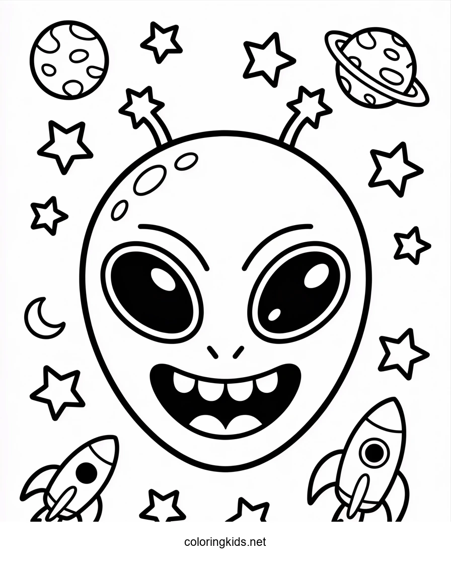 Smiling Alien coloring pages for kids, printable free