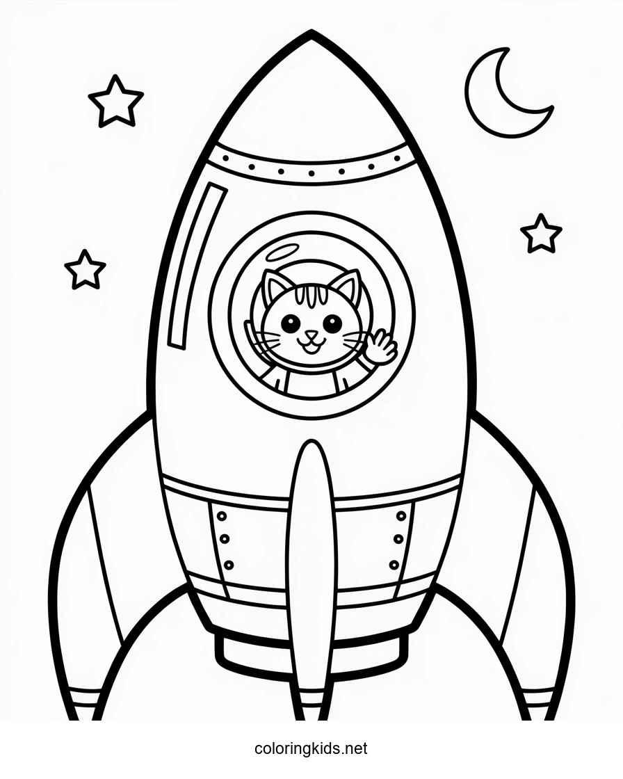 Space craft Rocket coloring pages for kids with cat,…