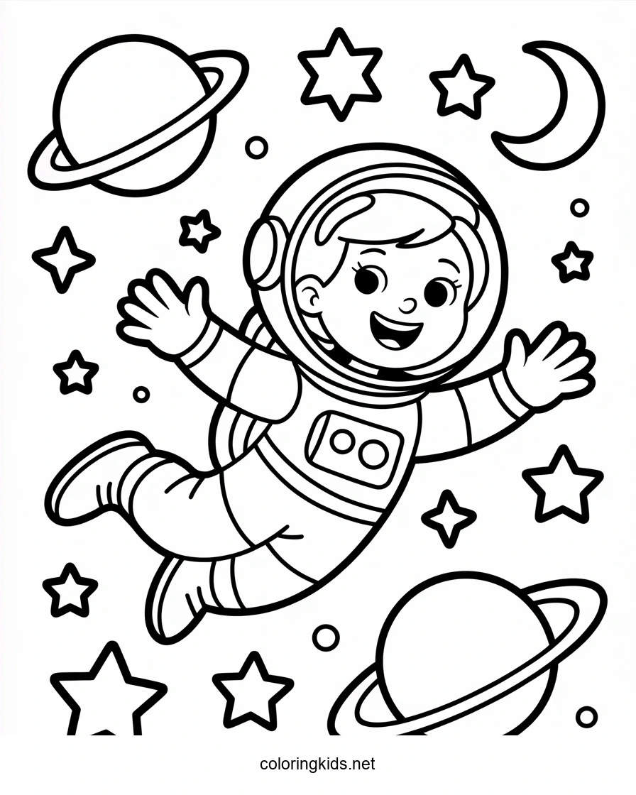 Spaceman girl in the space coloring pages for kids,…