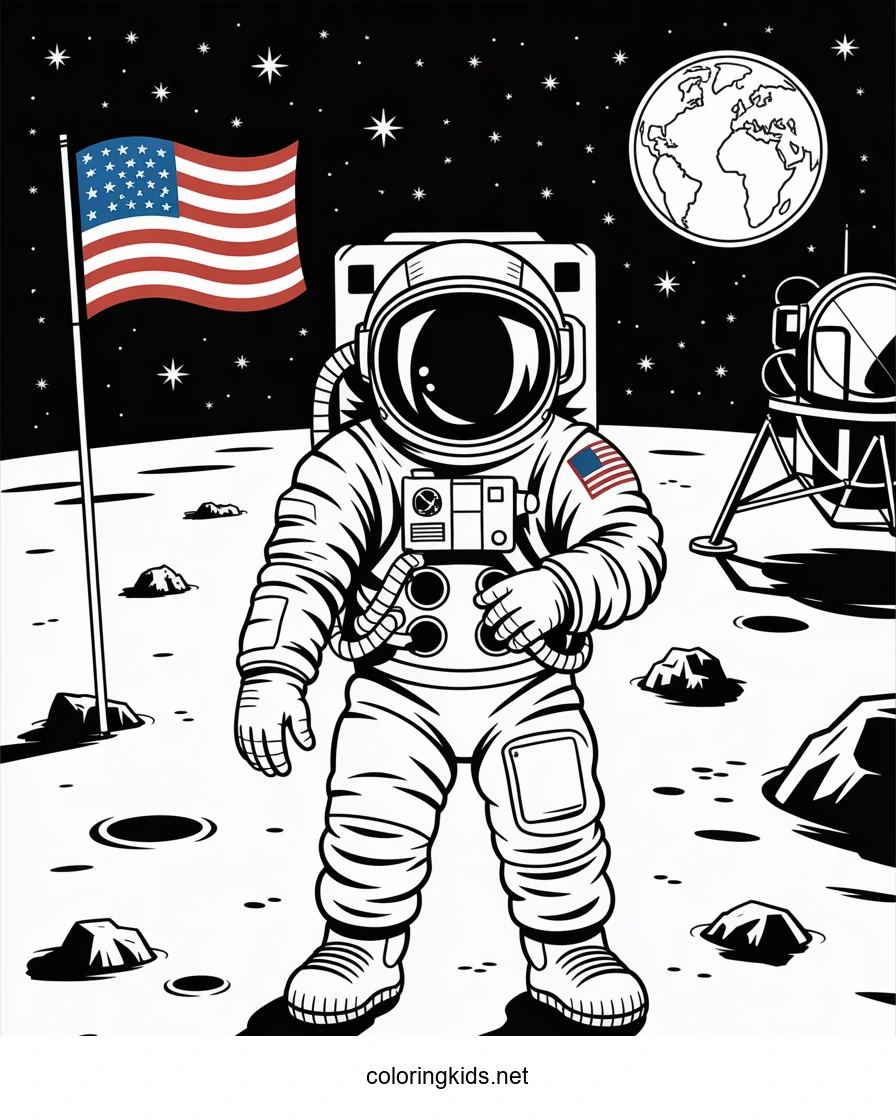 Astronaut on the moon coloring pages with US flag fo…
