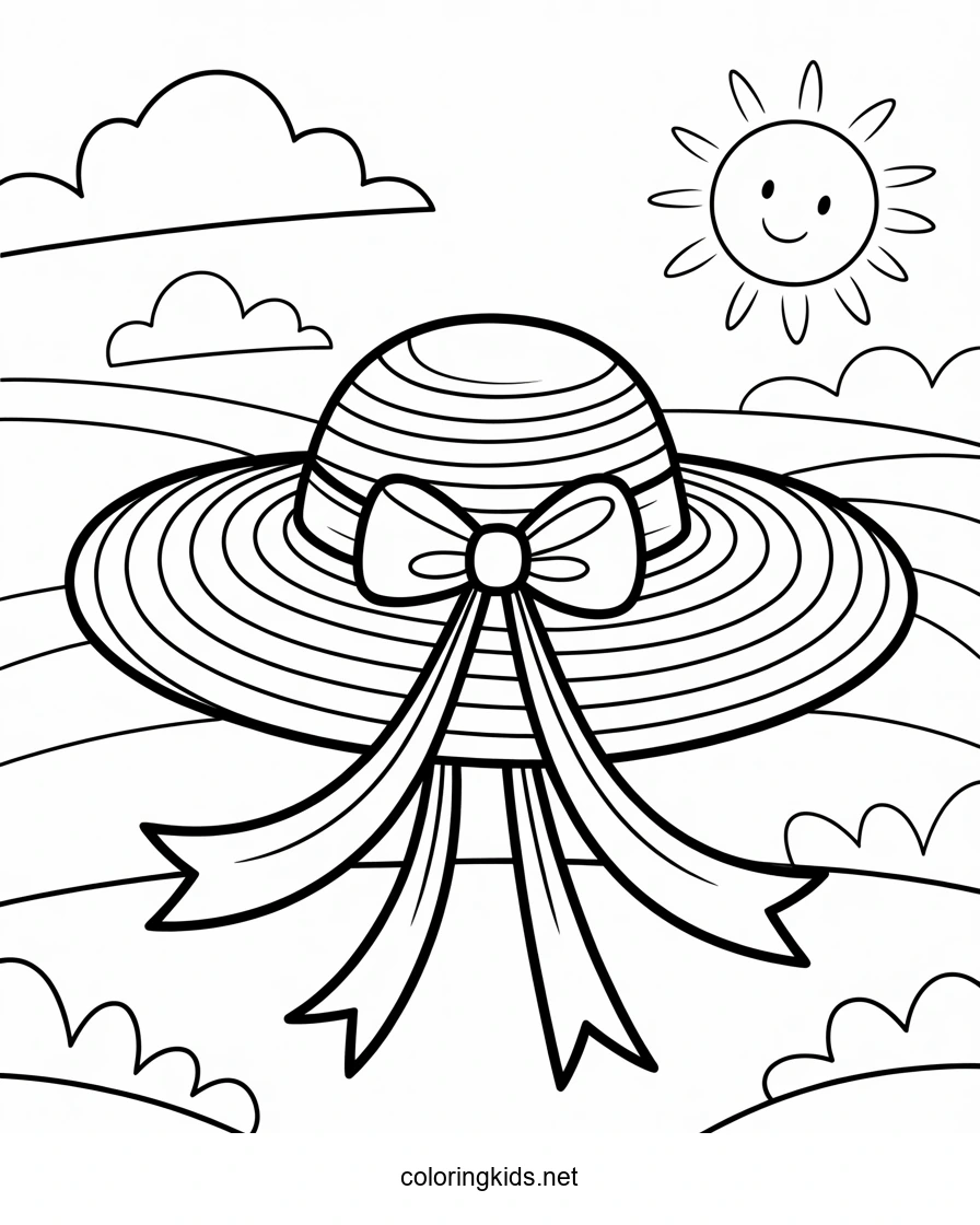 Summer hat with ribbons coloring page for girls, pri…