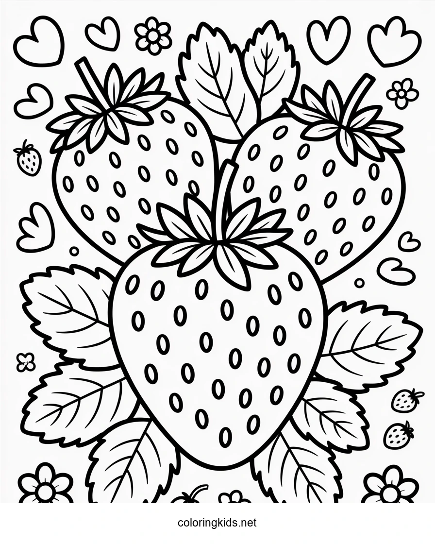 Three Strawberries Fruits coloring pages simple for…