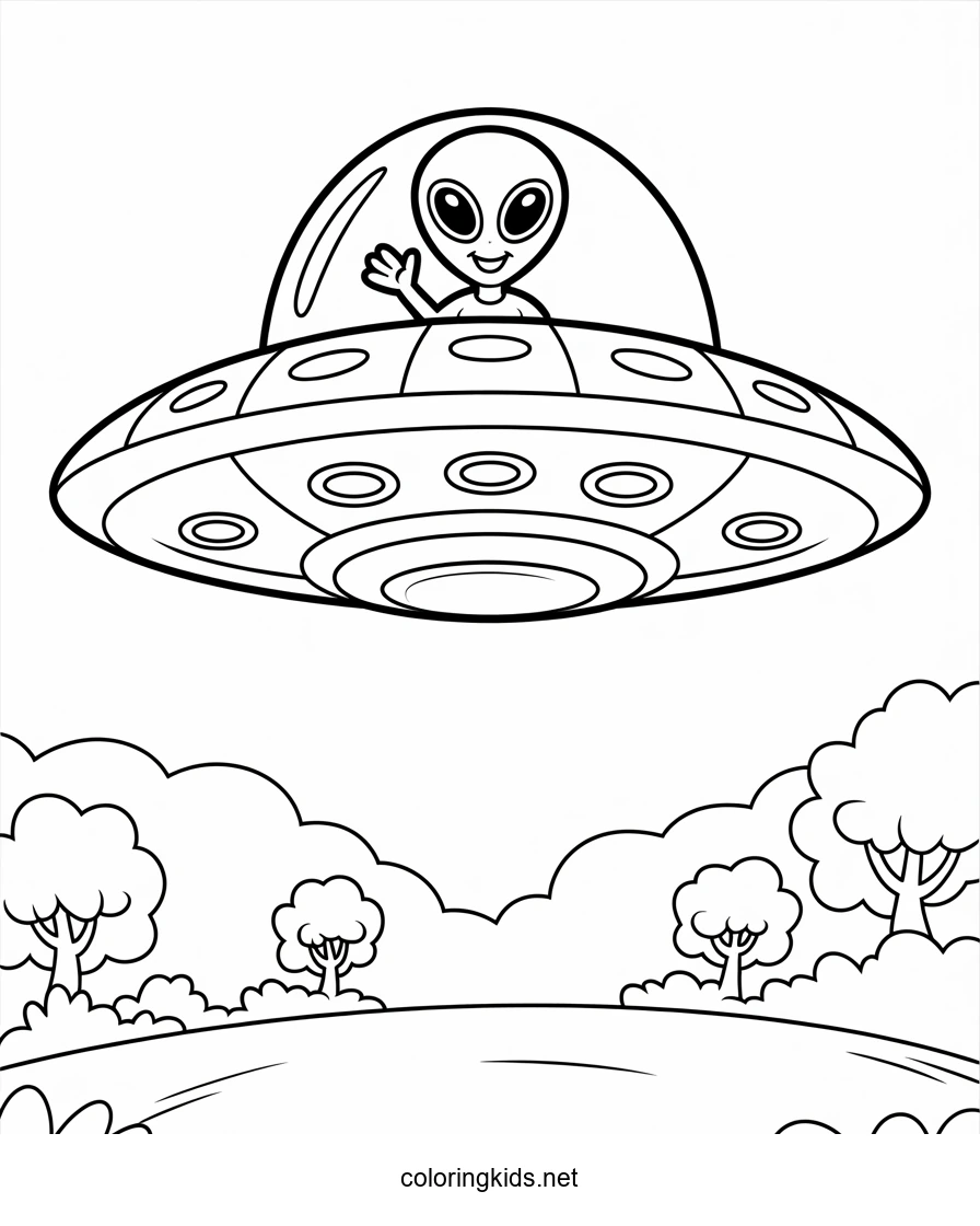 UFO spacecraft coloring pages with alien for kids, p…