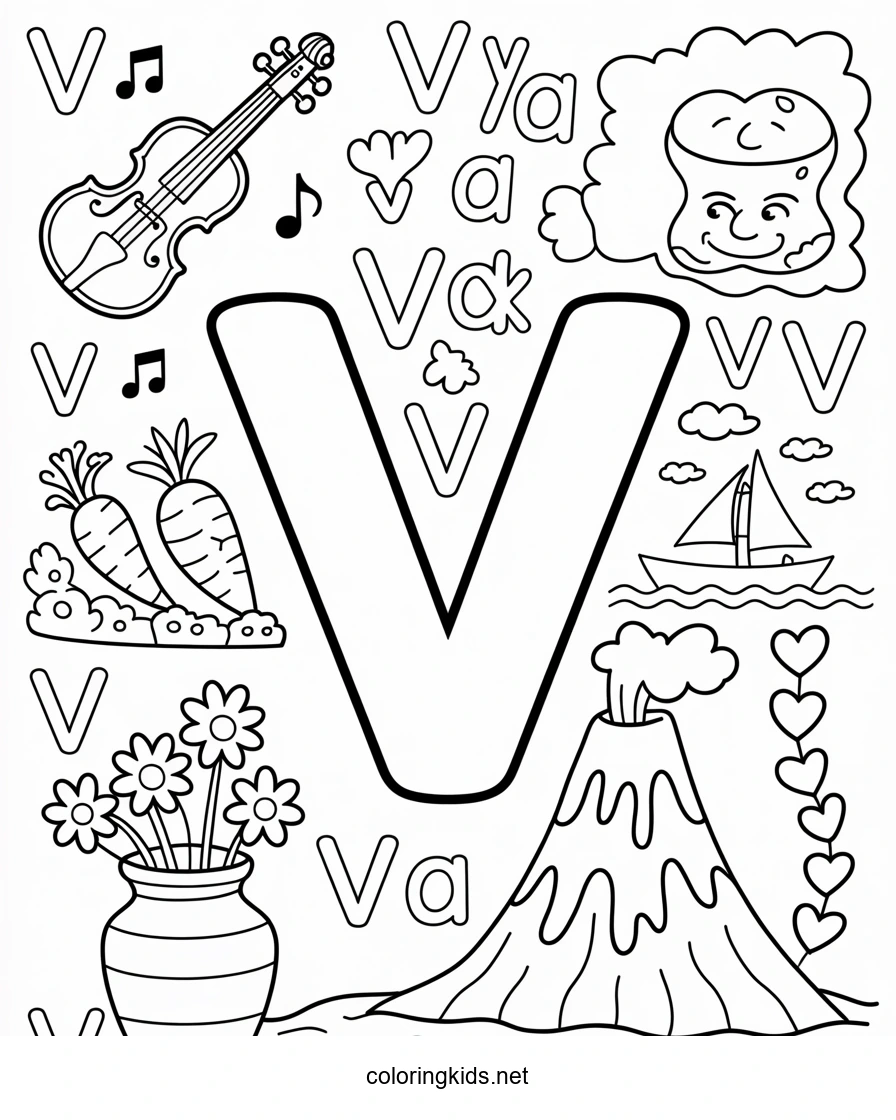Letter V coloring pages of alphabet (V letter words)…
