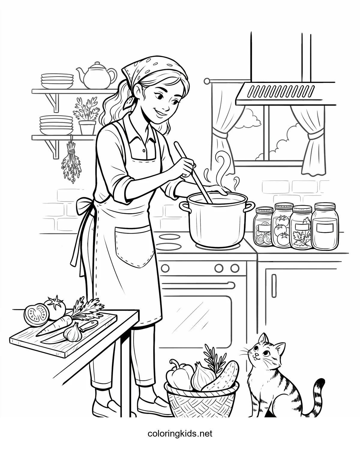 Woman Cooking / Canning coloring pages for kids, printable free
